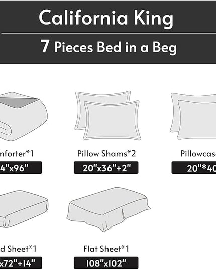 MUXHOMO 7 Pieces California King Comforter Set, Reversible Bed in a Bag Cal King Size, All Season Bedding Set with Comforter, Flat Sheet, Fitted Sheet, Pillowcases & Shams, Peacock Blue & Ivory