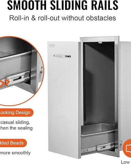 VEVOR Pull Out Trash Drawer 13.4"W x 25.7"H x 19.6"D Lower Sliding Rails Steel Roll Out Trash Bin Pull Out Tray Outdoor Kitchen Trash Drawer with Handle for BBQ Island Grill Station No Trash Can
