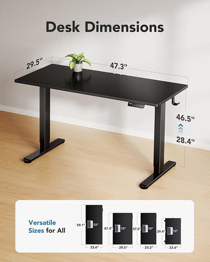 HUANUO Electric Standing Desk, 48" x 30" Whole Piece Desktop, Adjustable Height Computer Desk, 4 Height Memory Settings, Sit Stand Up Desk for Home Office, Black