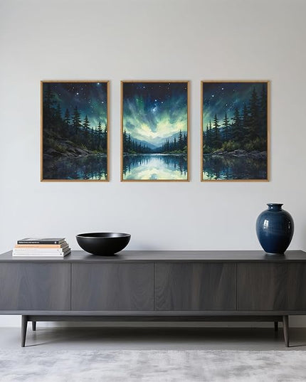 HOURIA Luminous Northern Lights Forest Lake Framed Canvas Wall Art Set,Starry Nordic Aurora Borealis Mountain Scenery Decor,Wilderness Pine Tree Reflection Artwork for Living Room,Farmhouse-16 x24 x3