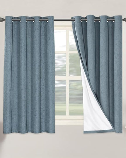 H.VERSAILTEX Linen Blackout Curtains 54 Inches Long 100% Blackout Thermal Insulated Textured Linen Look Curtain Draperies Anti-Rust Grommet, Energy Saving with White Liner, 2 Panels, Stone Blue