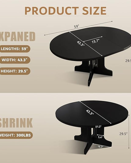 iPormis 59" Extendable Round Dining Table for 4-6, Modern Kitchen Table with Heavy Duty Pedestal Base & Wooden Top, Oval Dinner Table, Dining Room for Dining Living Room, Easy Assembly, Black