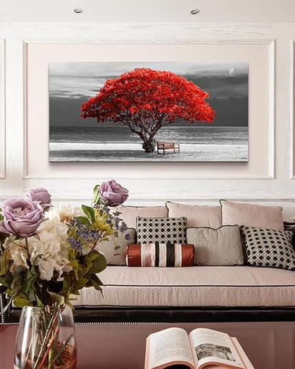 WapluamWall Decor Living Room Large Size Canvas Wall Art For Office Black White With Landscape Moon Wall Painting Red Trees Canvas Pictures Framed Artwork Bedroom Decor Home Decorations 30" X 60"