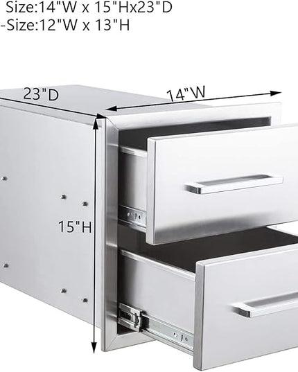 Outdoor Kitchen Drawers Stainless Steel 2-Drawer BBQ Drawer 14" W x 15" H x 23" D Enclosed Built-in Drawer Flush Mount for Outdoor Kitchens & BBQ Islands