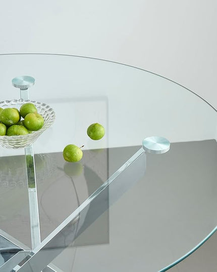 36" Round Glass Dining Table Modern Kitchen Glass Top Table for 4 with Silver Chrome Metal Legs, Clear Dining Table Kitchen Table for Home Office Dining Room
