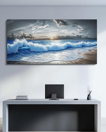 PHAOHUAXM Wall Decor For Living Room Wall Art For Bedroom Office Restaurant Decoration Black White And Blue Ocean Wave Landscape Painting Canvas Pictures Printing Artworks Modern Home Decor 20"X40"