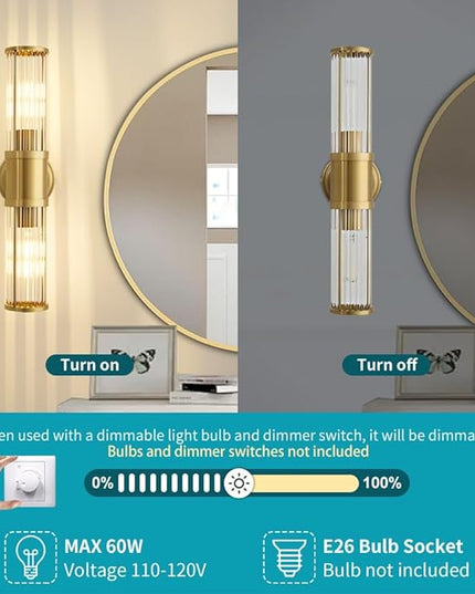 Gold Wall Sconce Bathroom Vanity Light Fixtures for Mirror, Modern Wall Light with Glass Rod Shade for Bathroom, Bedroom, Hallway, Living Room - Bulb Not Included