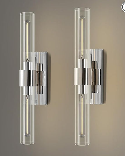 Wall Sconces Set of Two 22.8" Indoor Wall Light Fixtures, Nickel Bathroom Vanity Light Fixtures with Clear Glass, Modern Wall Lamp for Bathroom Living Room Bedroom Hallway(Bulb Included)