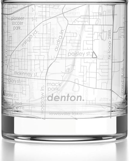 Well Told Engraved Denton Texas Map Rocks Glass, Old Fashioned Glassware (11 oz, Clear) Etched Bourbon Tumbler, Gifts For Whiskey Lovers