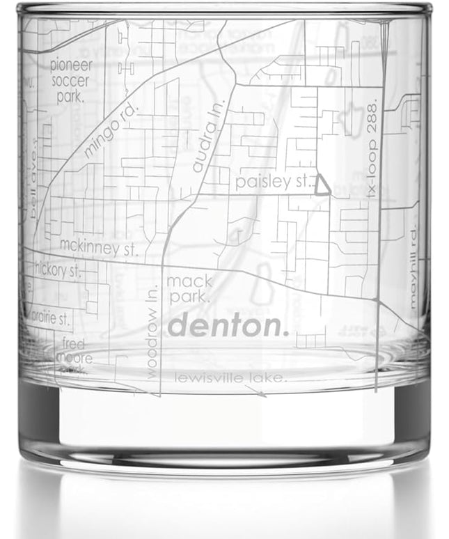 Well Told Engraved Denton Texas Map Rocks Glass, Old Fashioned Glassware (11 oz, Clear) Etched Bourbon Tumbler, Gifts For Whiskey Lovers