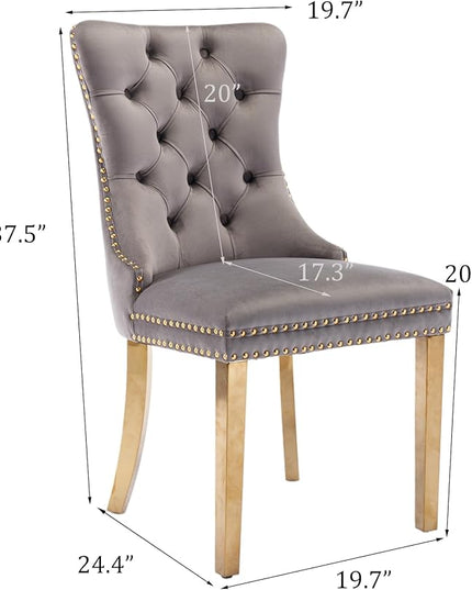 SoarFlash Velvet Dining Chair Set of 2, Upholstered Tufted Dining Room Chair with Nailhead Trim and Solid Gold Plated Leg for Kitchen(Grey)
