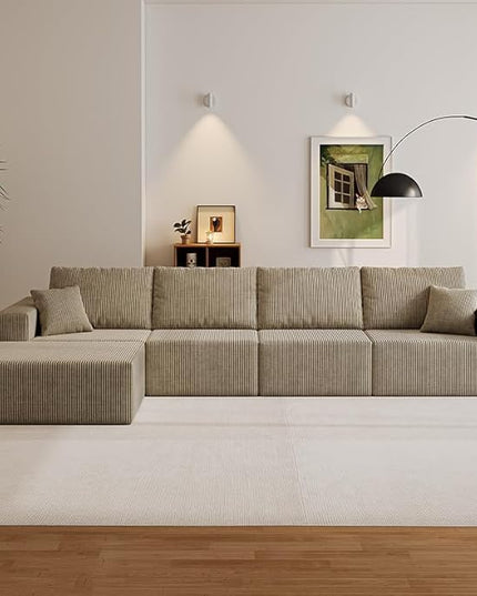 139" Boneless Cloud Sectional Couch for Living Room, Compressed Modular L-Shaped Sofa with Deep Seat, Frameless Corduroy Couch in Boxes, No Assembly Required 4-Seater (Right-Facing Chaise, Grey)