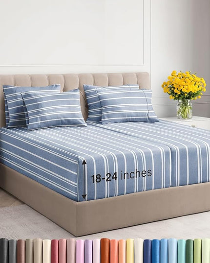 Extra Deep Split King Sheet Set - 7 Piece Breathable & Cooling Sheets - Hotel Luxury Bed Sheets Set - Easy Fit - Soft, Wrinkle Free & Comfy Sheets Set - Blue Striped Sheet Set w/Extra Deep Pockets