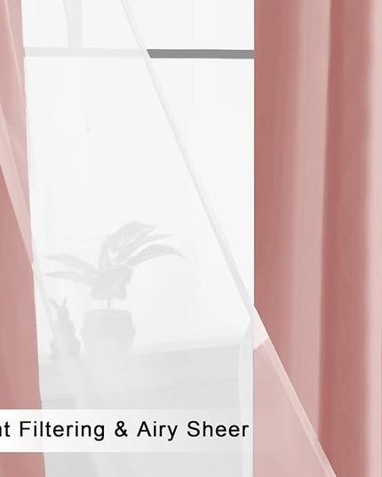 Hiasan Double Layer Blackout Curtains with Sheer Overlay, Extra Long Mix & Match Thermal Insulated Grommet Window Curtains for Bedroom, Living Room, 2 Panels with Tiebacks,Dusty Rose, 52W X 108L