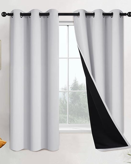 Yakamok 100% Blackout Curtains 63 Inches Long, 2 Thick Layers Heat and Full Light Blocking Soft Thermal Insulated Drapes for Bedroom(42" Wide Each Panel, Greyish White, 2 Panels)