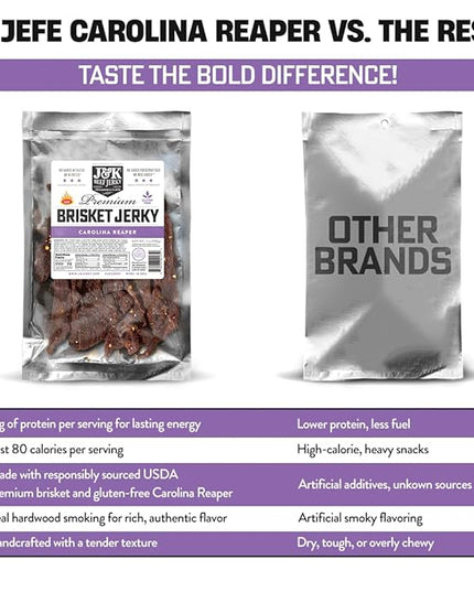 J&K Jerky Carolina Reaper Beef Brisket Jerky - Small Batch American Made Slab Beef Jerky's Spicy and Savory Snack with a Kick - Bold & Flavorful Snack! - 7oz Big Bag of Jerky's