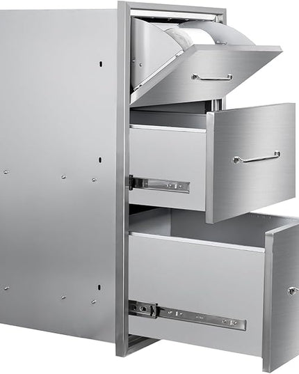 Outdoor Kitchen Drawers with Paper Towel Holder 17" W x 30"H Flush Mount BBQ Drawers with Chrome Handle,Stainless Steel Built-in Triple Access Drawers for Outdoor Kitchen Island, Patio Grill Station
