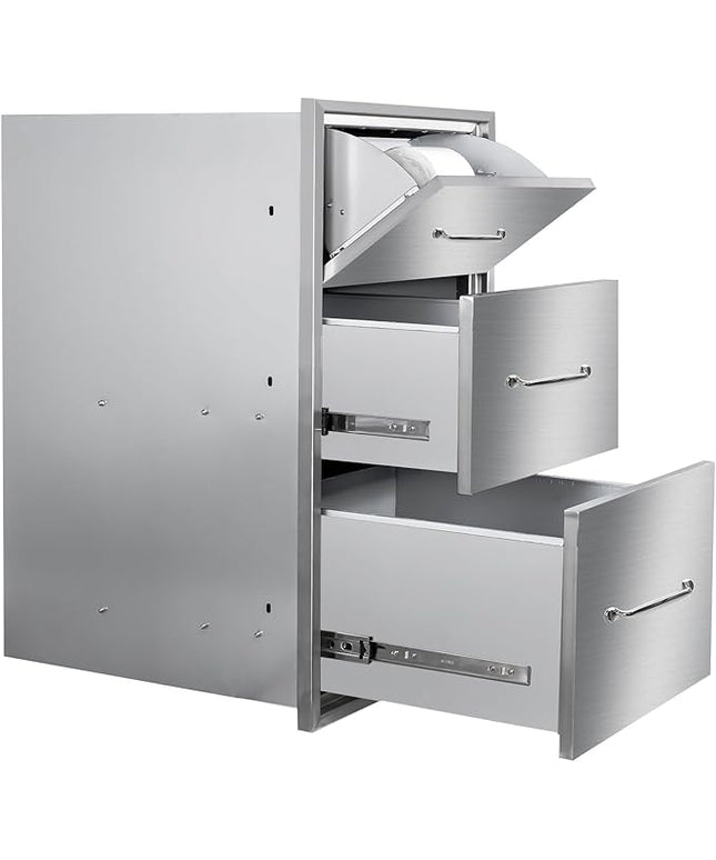 Outdoor Kitchen Drawers with Paper Towel Holder 17" W x 30"H Flush Mount BBQ Drawers with Chrome Handle,Stainless Steel Built-in Triple Access Drawers for Outdoor Kitchen Island, Patio Grill Station