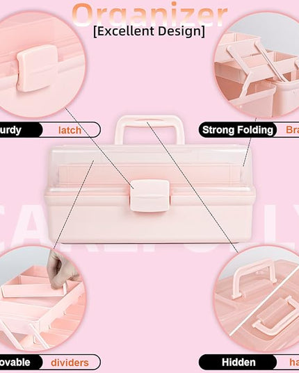 14in 3-Layer Multipurpose Craft Organizers and Storage with Adjustable Dividers, Portable Tackle Box, Folding Art & Craft Case for Medicine, Tool, Sewing Organizer (Pink, X-Large)