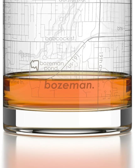 Well Told Engraved Bozeman Montana Map Rocks Glass, Old Fashioned Glassware (11 oz, Clear) Etched Bourbon Tumbler, Gifts For Whiskey Lovers