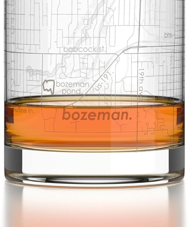 Well Told Engraved Bozeman Montana Map Rocks Glass, Old Fashioned Glassware (11 oz, Clear) Etched Bourbon Tumbler, Gifts For Whiskey Lovers