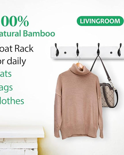Wooden Coat Rack, Wall-Mounted Organizer for Closet, Entryway, Hallway, Foyer, Bedroom, Heavy Duty Double Hooks for Hanging Towels, Bags, Hats, Jackets, Key (WhiteBlack, 4 Hooks)
