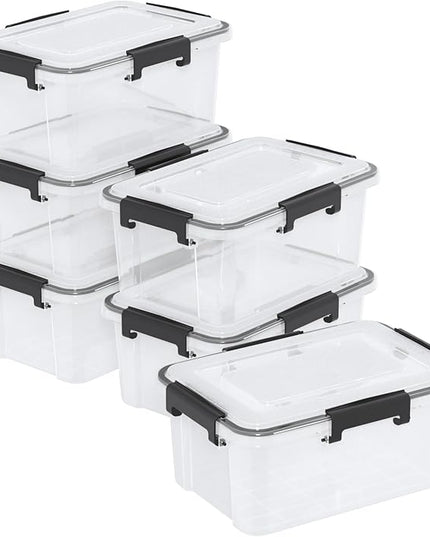 6-Pack 12 Quart Plastic Gasket Box with Seal Lids, Watertight Organizing Tote Container, Stackable Bin with Secure Latching Buckles, Clear