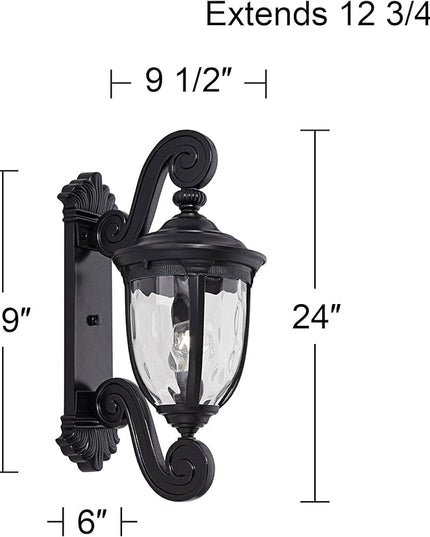John Timberland Bellagio European Outdoor Wall Light Fixture Texturized Black Dual Scroll Arm 24" Clear Hammered Glass for Exterior House Porch Patio Outside Deck Garage Front Door Garden Home