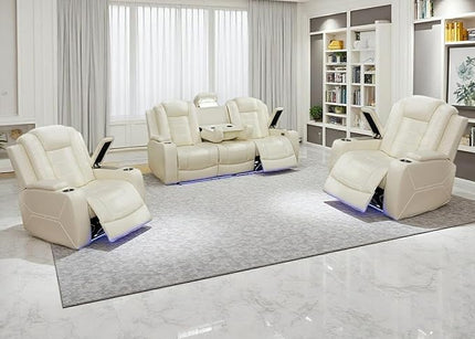 Power Recliner Sofa Set, Living Room Furniture Sets,Leather Sofa and 2 Chairs Set, Modern Power Reclining Sets with Cup Holder/Storage Console for House, Creamy White