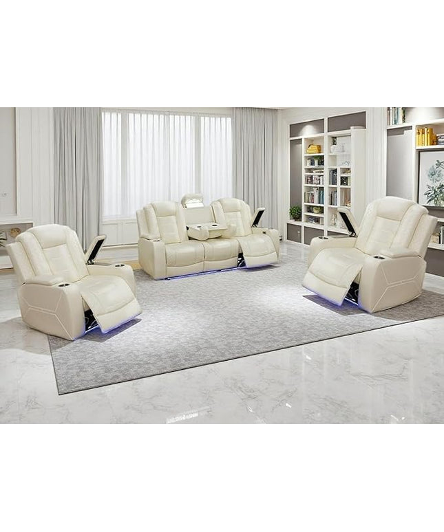Power Recliner Sofa Set, Living Room Furniture Sets,Leather Sofa and 2 Chairs Set, Modern Power Reclining Sets with Cup Holder/Storage Console for House, Creamy White