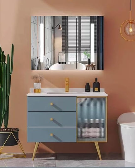 32IN Bathroom Vanity - Bathroom Vanity with Sink Set with Transparent Glass Cabinet Door, Mirror Cabinet Intelligent Demisting & LED Lights | Gold Bathroom Vanity Cabinet with Copper Faucet