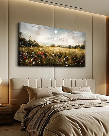 Wapluam Large Wall Art Living Room Wall Decor for Bedroom Wildflower Field Vintage Wall Art Canvas Prints Paintings Farmhouse Artworks Pictures Modern Aesthetic Home Wall Decoration Ready To Hang