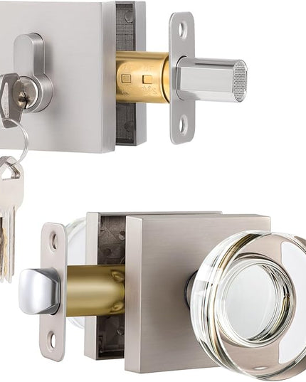 Exterior Glass Door Knob with Single Cylinder Deadbolt Lockset, Entry Crystal Door Knob with Deadbolt, Brushed Nickel Front Door Lock Set, Satin Nickel Front Door Handle and Deadbolt Set