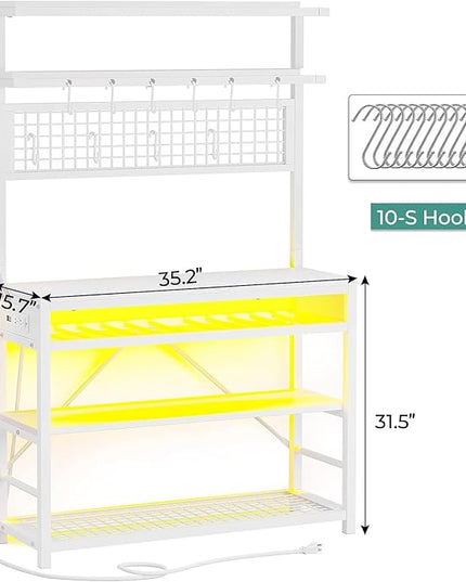 Itaar Bakers Rack with Power Outlet, 6-Tier Coffee Bar, Microwave Stand with Wine Rack, LED Lights and 10 Hooks, Bakers Racks for Kitchens with Storage, White