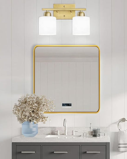 2 Light Bathroom Vanity, Bathroom Lights Over Mirror with Milky White Frosted Glass Shades, Gold Vanity Light for Mirror Living Room Bedroom Hallway E26 Base