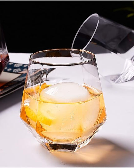 XKXKKE Diamond Wine Glasses Set of 6, 10 OZ Modern Stemless Gold Rim Glass Cups Clear Drinking Glassware for Serving Party, Home, Bar, Restaurants, Transparent 6 Pack