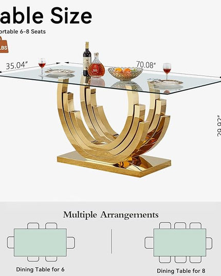 Goujxcy 70" Modern Glass Dining Table for 6-8, Luxury Gold Glass Dining Room Table with Mirrored Ring-Shape Stainless Steel Base, Rectangle Kitchen Dinner Tables for Dining Room Kitchen