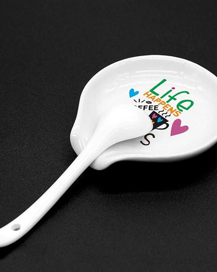 Funny Coffee Quote Colored Pattern Ceramic Coffee Spoon Holder-Coffee Spoon Rest -Coffee Station Decor Coffee Bar Accessories-Coffee Lovers Gift for Women and Men (Life Happens Coffee Helps)
