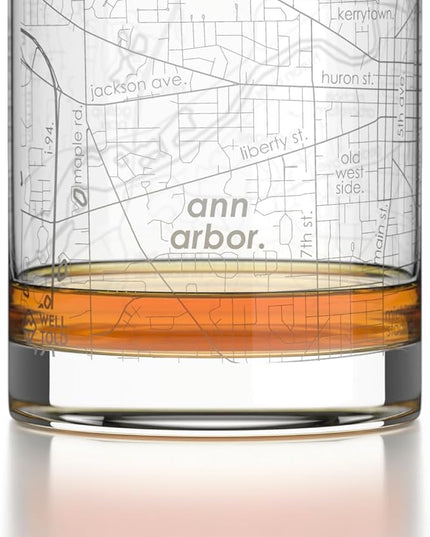 Well Told Engraved Ann Arbor Michigan Map Rocks Glass, Old Fashioned Glassware (11 oz, Clear) Etched Bourbon Tumbler, Gifts For Whiskey Lovers