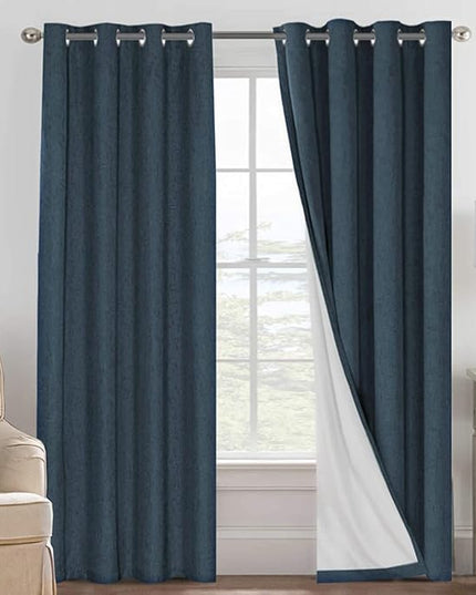 H.VERSAILTEX Linen Blackout Curtains 84 Inches Long 100% Absolutely Blackout Thermal Insulated Textured Linen Look Curtain Draperies Anti-Rust Grommet, Energy Saving with White Liner, 2 Panels, Navy
