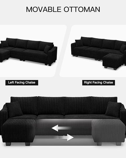 Belffin Sectional Couch with L-Shape Chaise L Shaped Couch with Ottoman Sectional Couches for Living Room Corduroy (Black, L Shaped)