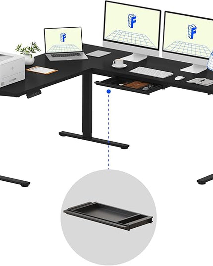 FLEXISPOT L Shaped Standing Desk, 71 x 63 Inch Electric Height Adjustable Corner Desk, Sit Stand Computer Workstation, Preset Controller, Home Office, Black Frame with Black Top, Black Drawer