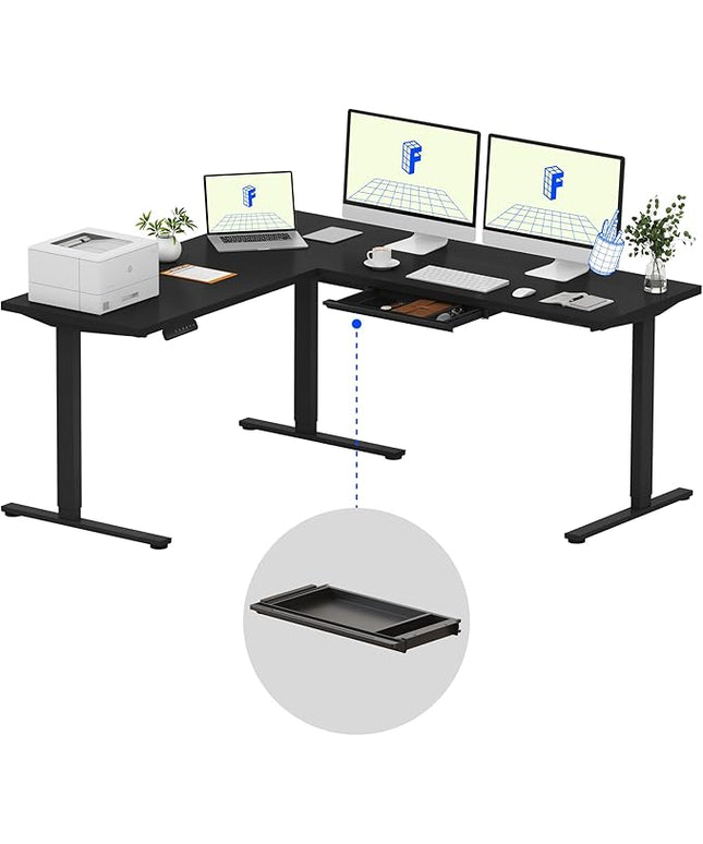 FLEXISPOT L Shaped Standing Desk, 71 x 63 Inch Electric Height Adjustable Corner Desk, Sit Stand Computer Workstation, Preset Controller, Home Office, Black Frame with Black Top, Black Drawer