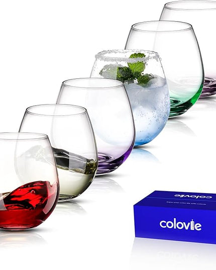 ColoVie 15oz Stemless Wine Glasses Set of 6, Lead-Free Crystal Colored Gradient Wine Glass, Iridescent Ombre Glassware for Red & White Wine, Unique Housewarming & Birthday Gifts for Women
