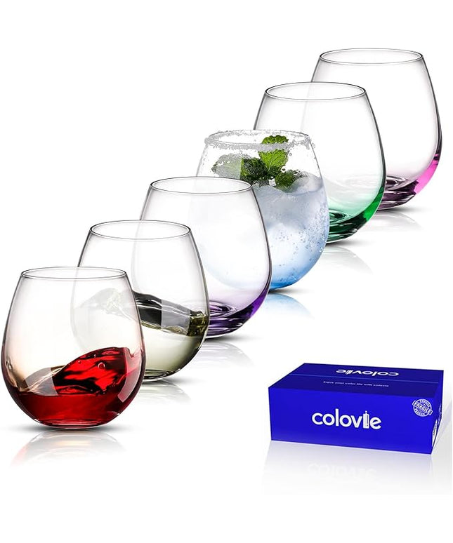 ColoVie 15oz Stemless Wine Glasses Set of 6, Lead-Free Crystal Colored Gradient Wine Glass, Iridescent Ombre Glassware for Red & White Wine, Unique Housewarming & Birthday Gifts for Women