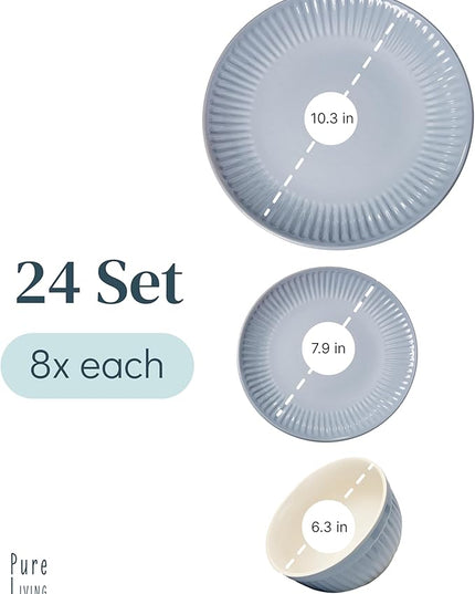 Stoneware Dinnerware Set for 8 People HYGGE 24-Piece - Elegant Scandi Design - Premium Dish Set - Bowl and Plate Set - Tableware for 8 People in a Ribbed Design - Pure Living in Gray-Blue