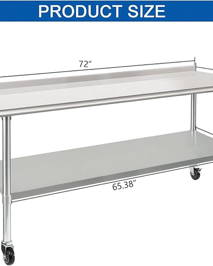 HARDURA Stainless Steel Table with Wheels 30X72 Inches NSF Heavy Duty Commercial Prep Table with 2” Backsplash and Adjustable Undershelf for Food Prep