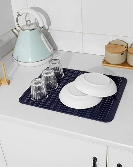 Silicone Dish Drying Mat for Multiple Usage,Easy clean,Eco-friendly,Heat-resistant Silicone Mat for Kitchen Counter or Sink,Refrigerator or drawer liner Navy Blue L 16 inches x 12 inches