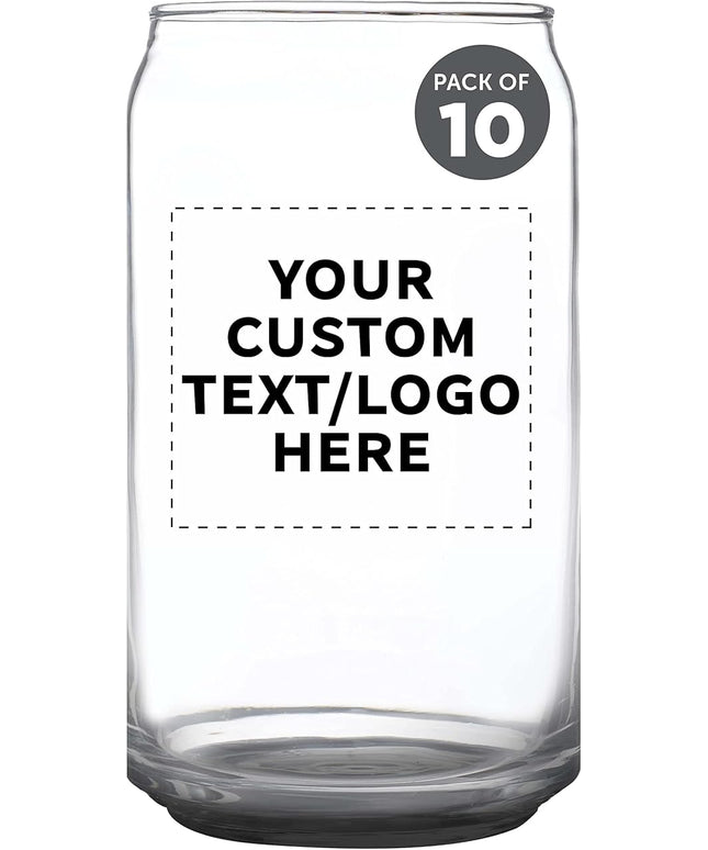 Custom Beer Can Glasses Set of 10, 16 oz. Pint Sized, Promotional Text, Logo, Soda Can Shape, Glassware, Black