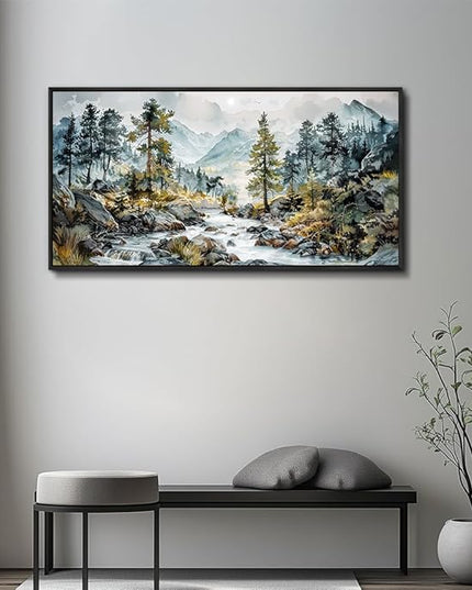PHAOHUAXM Large Canvas Printing Artworks Wall Art For Bedroom Wall Decor For Living Room Office Home Decor Rivulet View Painting Forest Tree Landscape Watercolour Pictures Black Framed 30x60 In